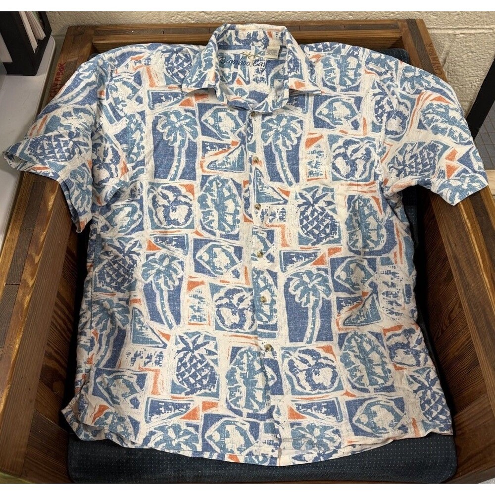 Bamboo  Cay   Button Down Short Sleeve Shirt  Blue Orange  Size  Large